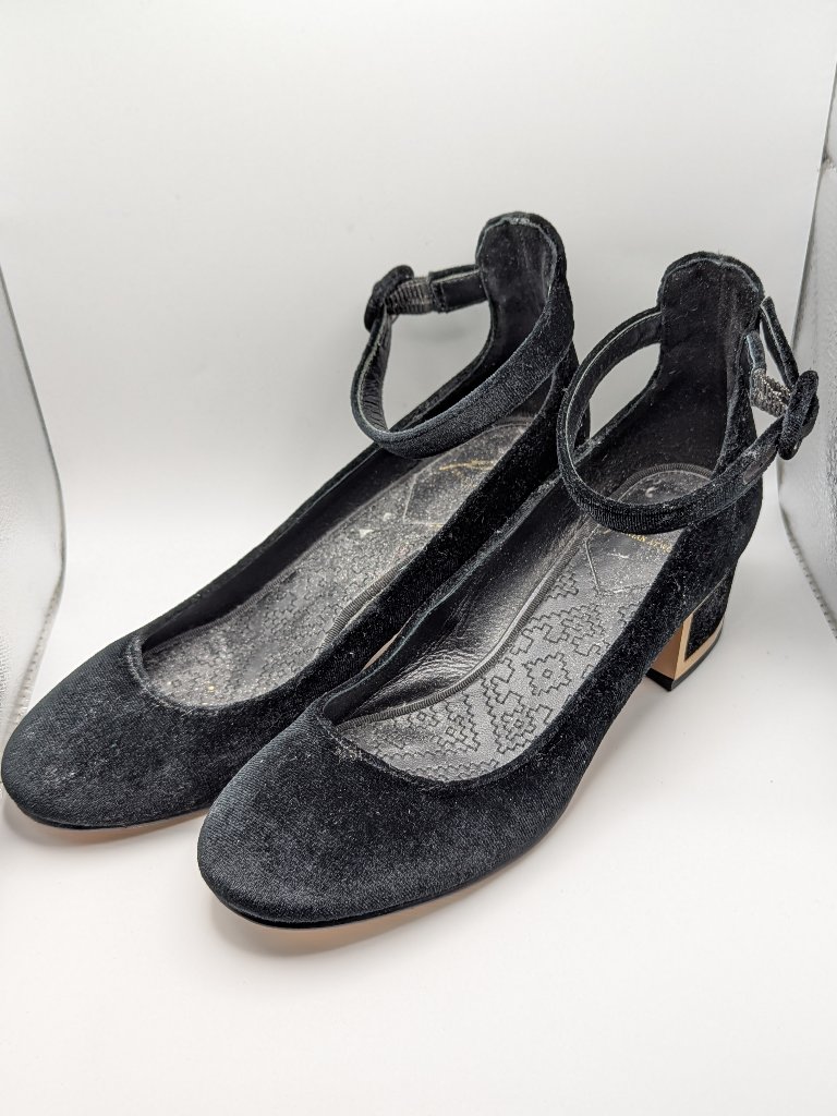 B Brian Atwood Black Velvet Ankle Strap Block Heel 6